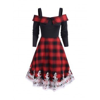 

Tartan Print Open Shoulder Eyelash Lace Mid Calf Dress, Red