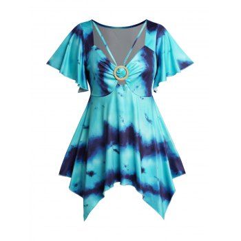 

Plus Size Tie Dye Print T Shirt O Ring Flutter Sleeve Handkerchief Hem Casual Top, Blue