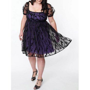 

Plus Size Mesh Halloween Overlay Dress Bat Pattern Square Neck Gothic Midi Dress, Black