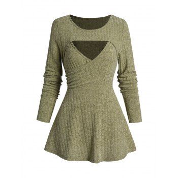 

Cut Out Top Plain Color Knit Detail Long Sleeve Casual Top, Light green