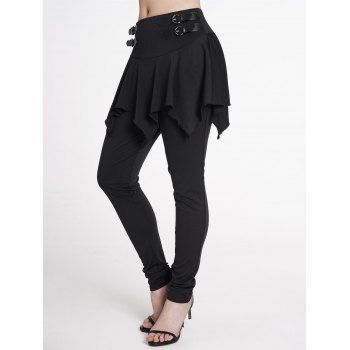 

Solid Color Buckle Strap Embellishment Skeggings Wide Elastic Waist Long Skirted Leggings, Black