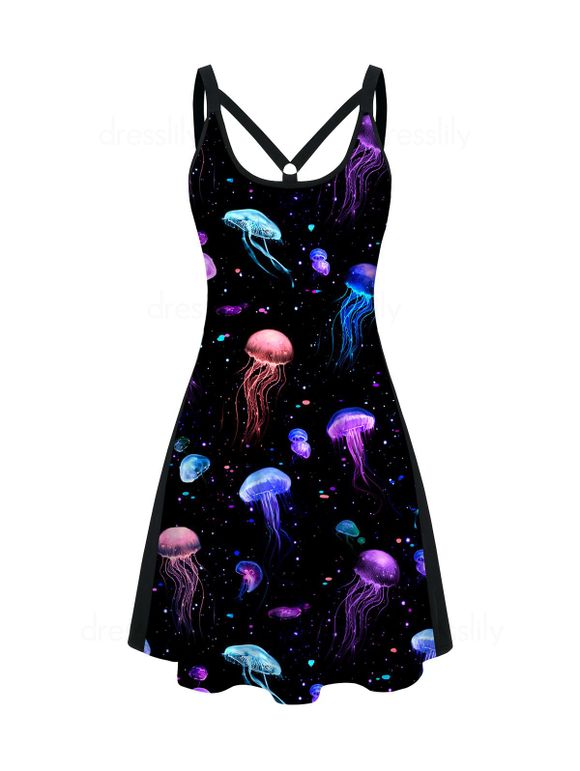 Colorful 3D Jellyfish Print A Line Tank Dress Casual Mini Dress - BLACK XL