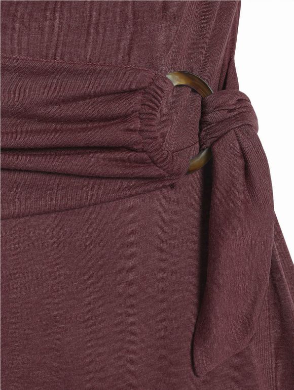 Mini Robe Vintage Plissée Nouée en Avant à Epaule Dénudée Manches Longues - Rouge foncé XL