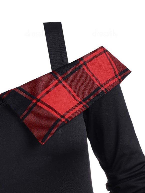 Robe Mi-Mollet à Imprimé Tartan en Dentelle à Epaule Dénudée - Rouge XL