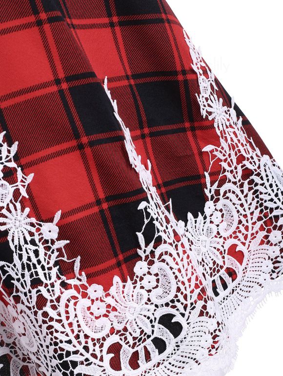 Robe Mi-Mollet à Imprimé Tartan en Dentelle à Epaule Dénudée - Rouge XL