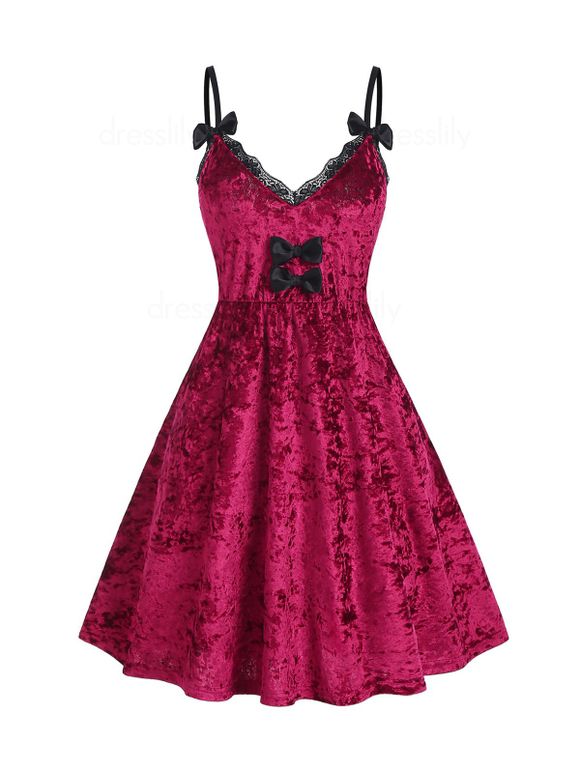 Bowknot Lace Trim Party Velvet Dress - RED XL