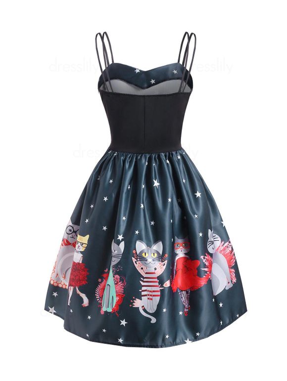 Robe Evasée Teintée Etoile Chat Amusant à Double Bretelle à Lacets - multicolor M