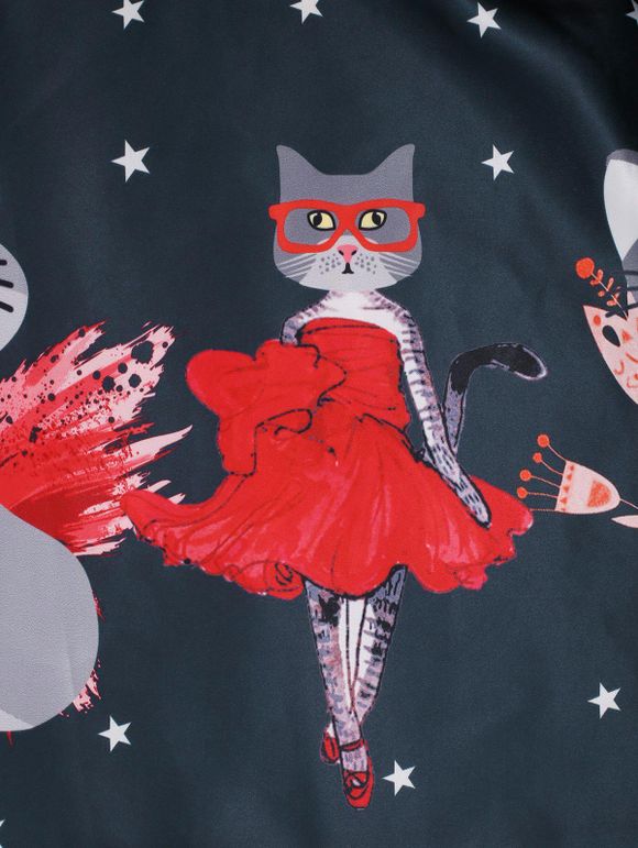 Robe Evasée Teintée Etoile Chat Amusant à Double Bretelle à Lacets - multicolor M