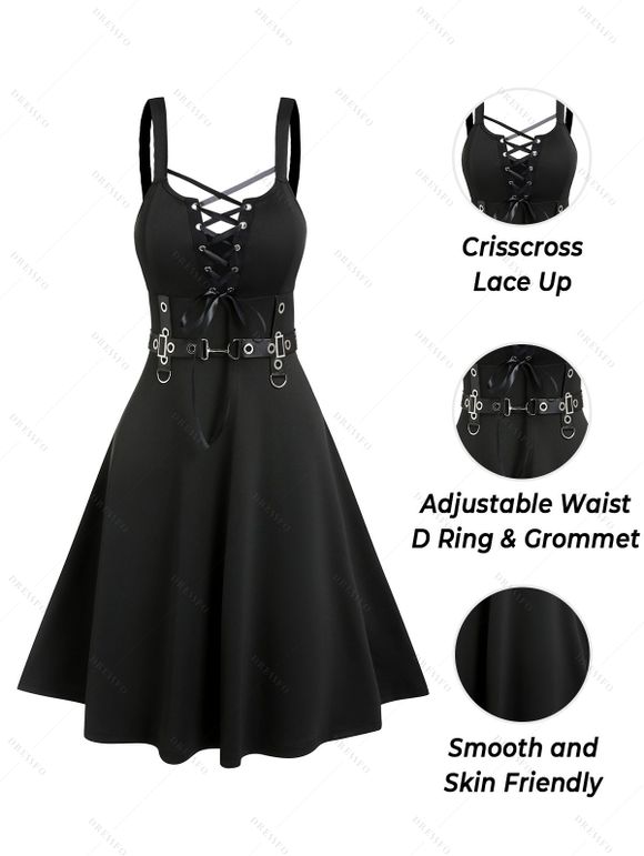 Robe Ligne A à Bretelle Anneau en D sans Manches à Lacets à Taille Haute - Noir XL