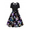 Robe Ligne A Ceinturée Fleur Papillon Colorée à Taille Haute à Manches Courtes - Noir M