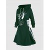Gothic Hoodie Dress Cat Hat Moon Print Lace Up Long Sleeve A Line Mini Dress - DEEP GREEN XXXL
