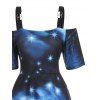Halloween Bat Moon Night Print Midi Dress Cold Shoulder O Ring Strap High Waist Dress - DEEP BLUE S