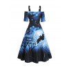 Halloween Bat Moon Night Print Midi Dress Cold Shoulder O Ring Strap High Waist Dress - DEEP BLUE S