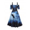 Robe D'Halloween Mi-Longue à Epaule Dénudée à Imprimé Lune et Chauve-souris à Taille Haute - Bleu profond L