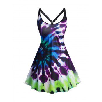 

Plus Size Dress Colored Tie Dye Swirl Print Cut Out A Line Mini Curve Dress, Multicolor a