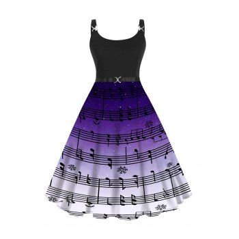 

Music Note Print Tank Dress U Neck Metal Decor A Line Casual Midi Dress, Black