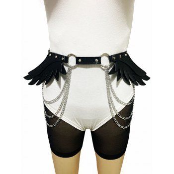 

O-ring Chain Tassel Wing Shape Faux Leather Buckle Belt, Black