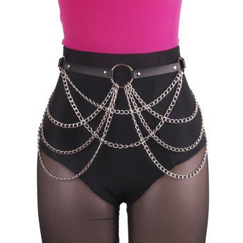 

Metal O Ring Chain Tassel Faux Leather Buckle Belt, Black