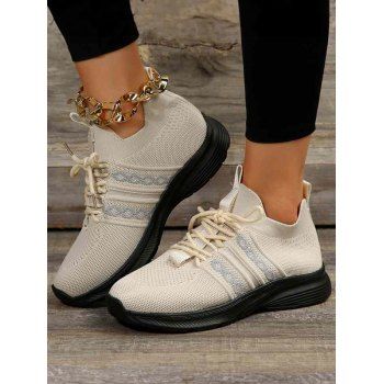 

Breathable Lace Up Front Knit Detail Sports Sneakers, Beige