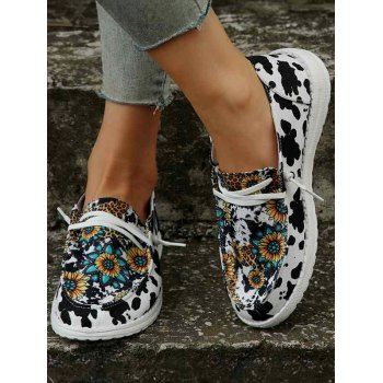 

Sunflower and Cow Print Slip On Casual Shoes, White