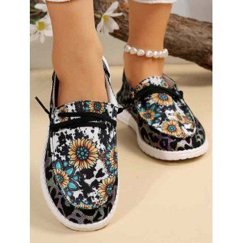 

Sunflower and Cow Print Slip On Casual Shoes, Black