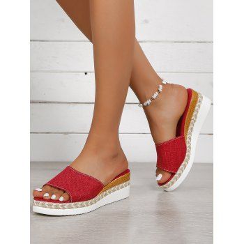 

Heathered Peep Toe Chunky Heel Slip On Casual Sandals, Red wine