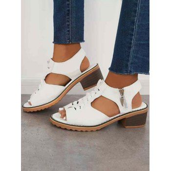 

Plain Color Peep Toe Zip Side PU Chunky Heel Sandals, White