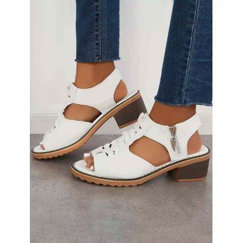 

Plain Color Peep Toe Zip Side PU Chunky Heel Sandals, White