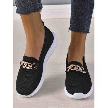 

Plain Color Chain Decor Slip On Breathable Knit Casual Shoes, Black