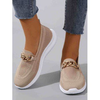 

Plain Color Chain Decor Slip On Breathable Knit Casual Shoes, Apricot