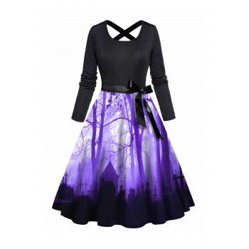

Forest and Architecture Print Belt Halloween Dress Long Sleeve Criss Cross Casual Midi Dress, Black