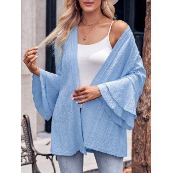 

Eyelet Embroidery Top Plain Color Ruffle Long Sleeve Casual Top, Light blue