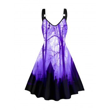 

Forest and Architecture Print Halloween Dress O Ring A Line Casual Midi Dress, Purple