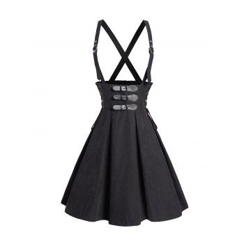 

Buckle Strap Suspender Skirt Plain Color Lace Up Criss Cross Suspender Skirt, Black