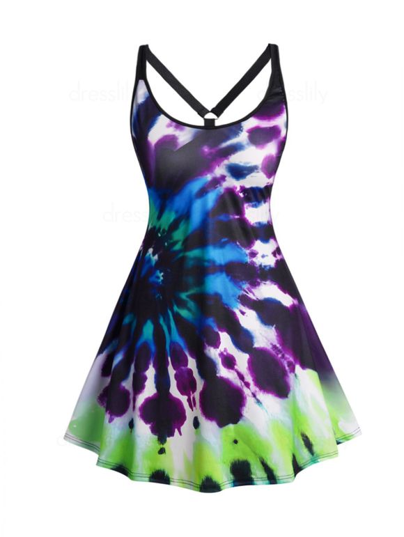 Plus Size Dress Colored Tie Dye Swirl Print Cut Out A Line Mini Curve Dress - multicolor A 3X