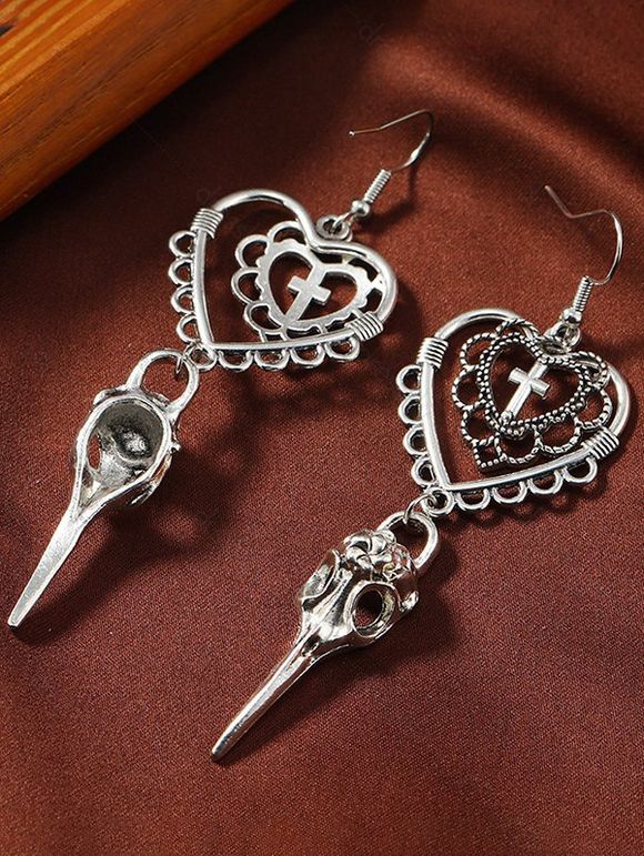 Boucles D'Oreilles Pendantes Motif Croix et Cœur Style Gothique - Argent 
