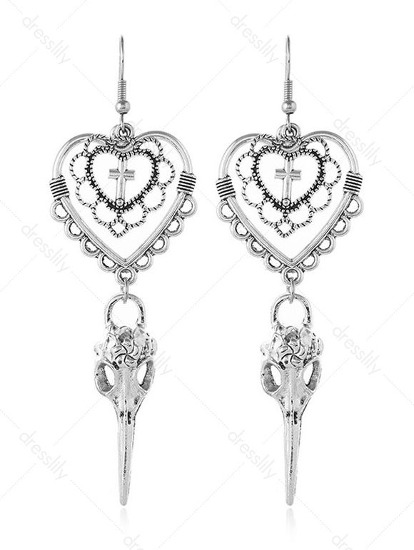 Boucles D'Oreilles Pendantes Motif Croix et Cœur Style Gothique - Argent 
