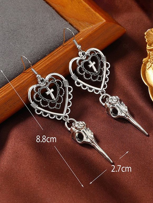 Boucles D'Oreilles Pendantes Motif Croix et Cœur Style Gothique - Argent 