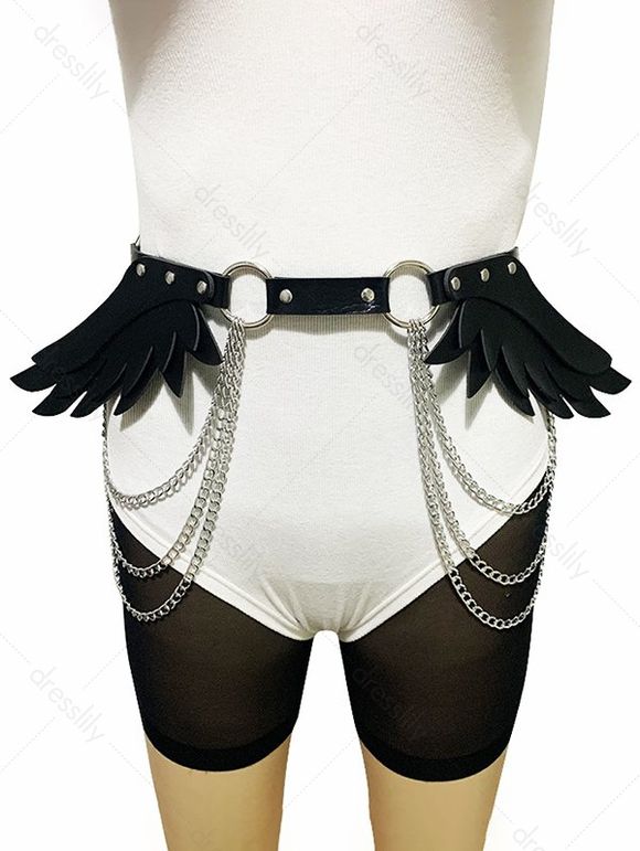 Ceinture Bouclée à Chaîne en Forme D'Aile en O en Faux Cuir à Frange - Noir 1PC