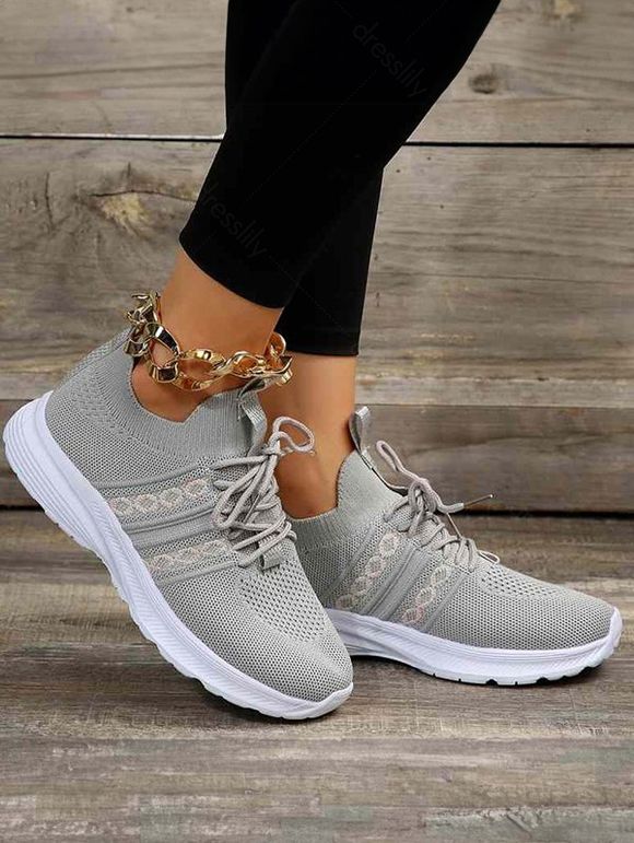 Breathable Lace Up Front Knit Detail Sports Sneakers - Gris EU 38
