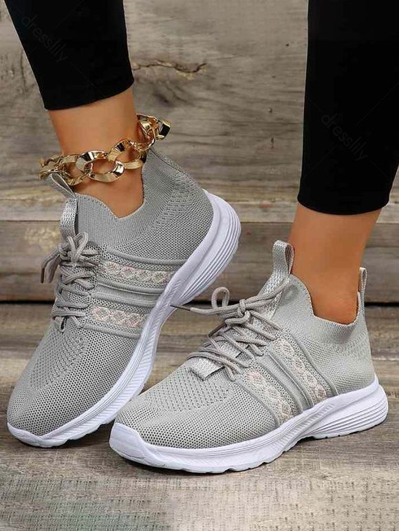 Breathable Lace Up Front Knit Detail Sports Sneakers - Gris EU 37