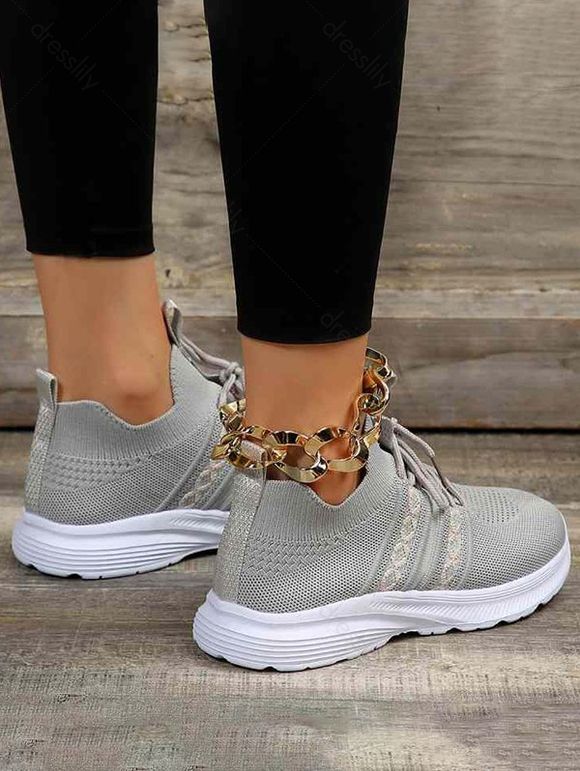 Breathable Lace Up Front Knit Detail Sports Sneakers - Gris EU 37