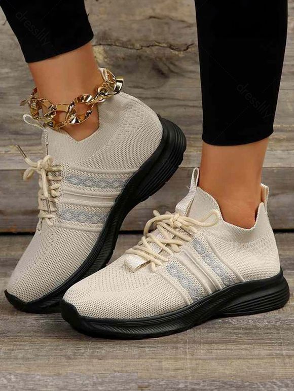 Breathable Lace Up Front Knit Detail Sports Sneakers - Beige EU 39