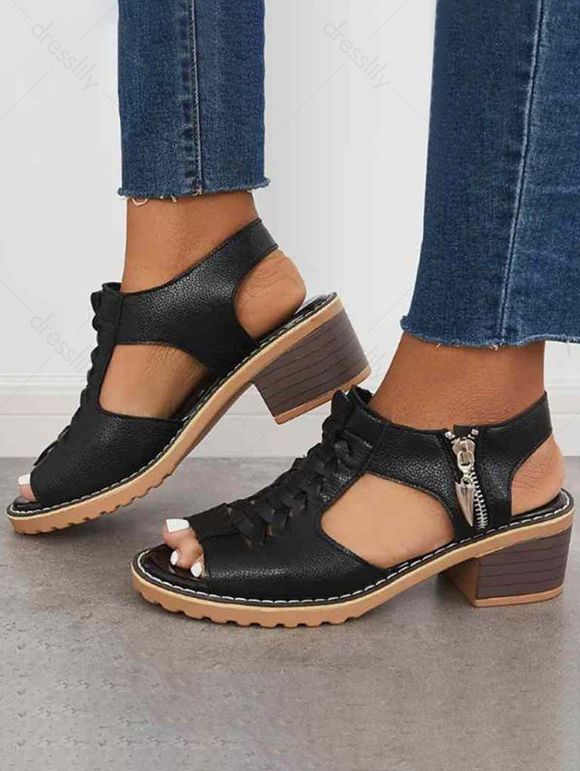 Plain Color Peep Toe Zip Side PU Chunky Heel Sandals - Noir EU 35