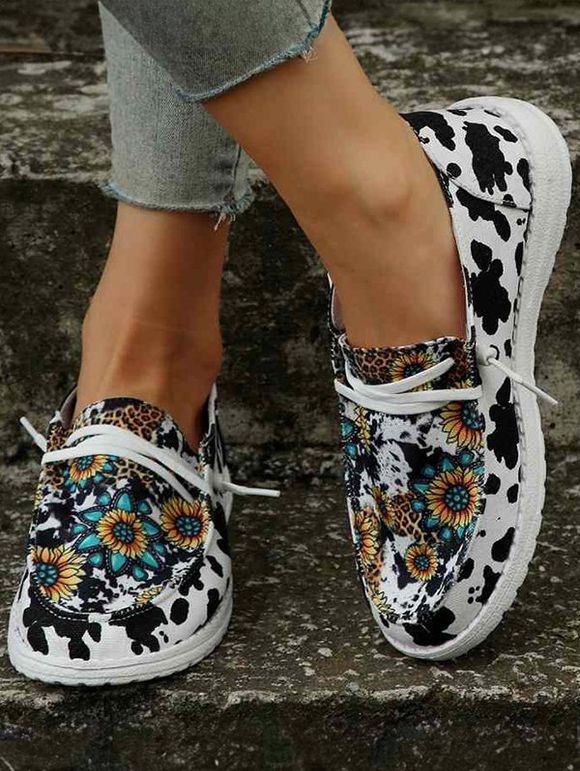 Sunflower and Cow Print Slip On Casual Shoes - Blanc EU 42