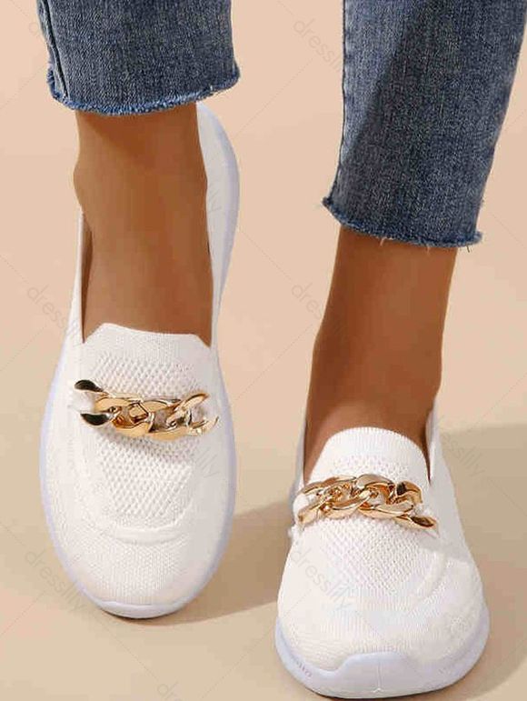 Plain Color Chain Decor Slip On Breathable Knit Casual Shoes - Blanc EU 36