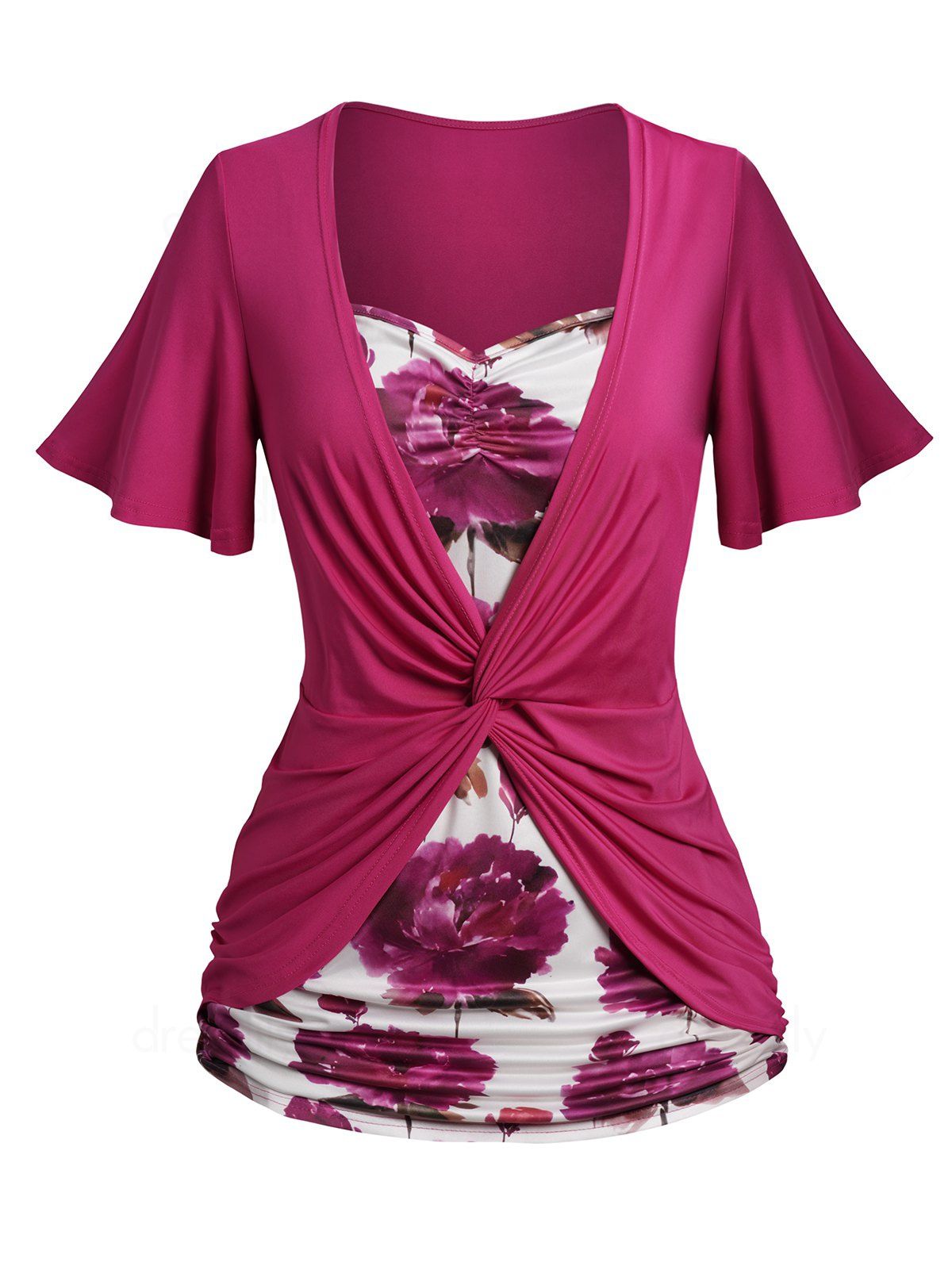 Dresslily Plus Size Twist Cinched Side T Shirt Faux Twinset Flutter Sleeve Casual Top