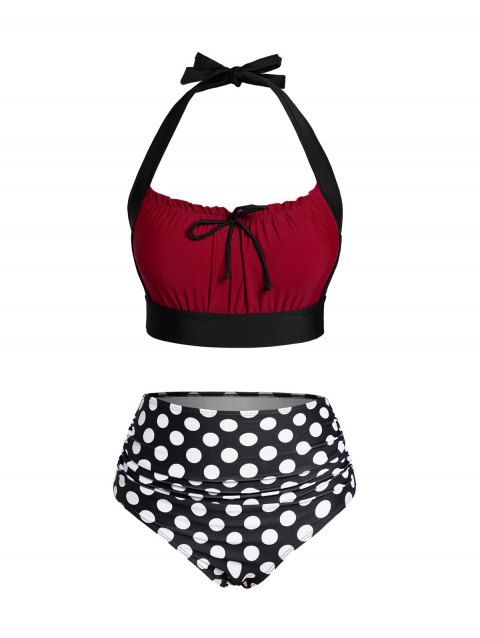 Vacation Bikini Swimsuit Colorblock Polka Dots Ruffle Bowknot Halter Swimsuit Padded Tummy Control Bathing Suit