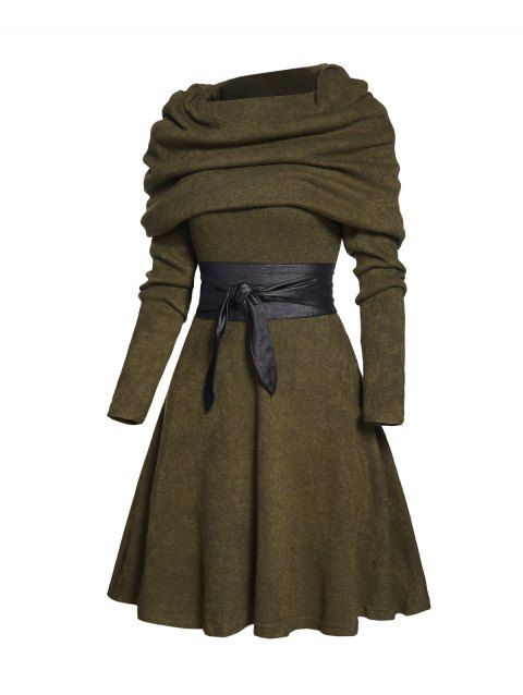 Multi-way Long Sleeve Knit Mini Dress Long Sleeve Contrast Belted Knitted Dress