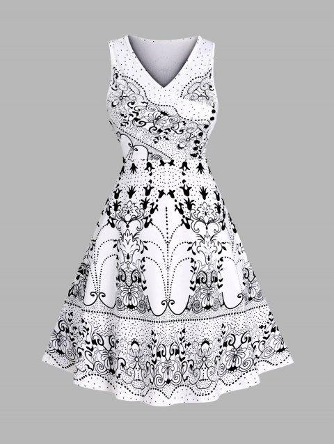 Tribal Flower Butterfly Dots Allover Print A Line Dress Crossover V Neck Sleeveless Dress